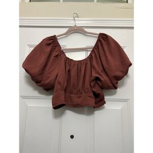Arula‎ Women's Bubble Sleeve Cottagecore Blouse Clay Sz X XL Boho Crop Top Shirt